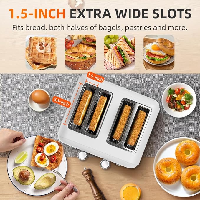 White Toaster 4 Slice, Dual Independent Controls, Extra Wide Slot Toasters - Image 6