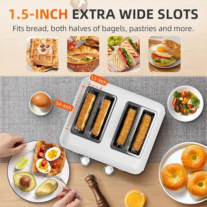White Toaster 4 Slice, Dual Independent Controls, Extra Wide Slot Toasters - Image 6