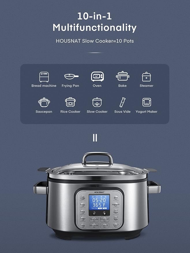 HOUSNAT Slow Cooker, 10 in 1 Programmable Cooker, 304 Stainless Steel Rice - Image 2