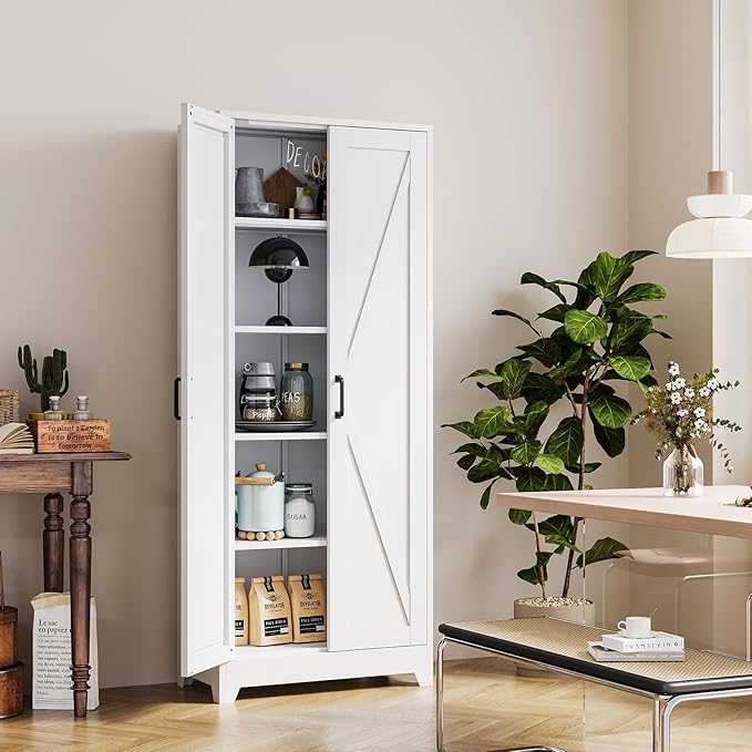 White Tall Farmhouse Metal Pantry Linen Storage Cabinet and Organizers - Image 2