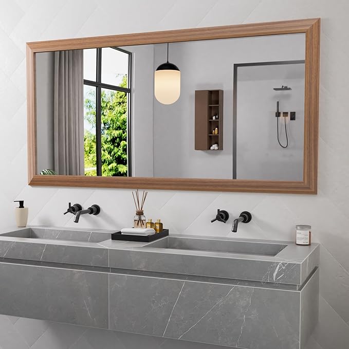 Amorho Bathroom Mirror, 60 X30 Inch Wall Mirror, Walnut Wood Grain Metal Framed by Amorho