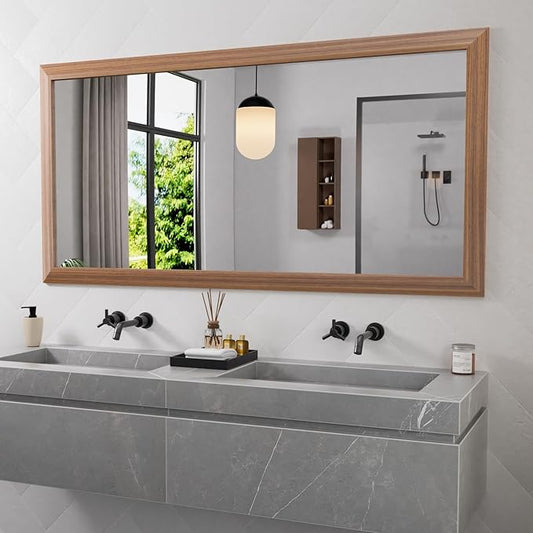 Amorho Bathroom Mirror, 60 X30 Inch Wall Mirror, Walnut Wood Grain Metal Framed by Amorho