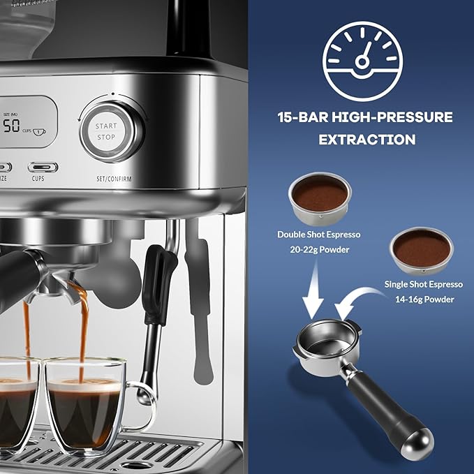 IDEALHOUSE Espresso Maker with Grinder, Milk Frother, 15 Bar Pump, 15 Grind - Image 6