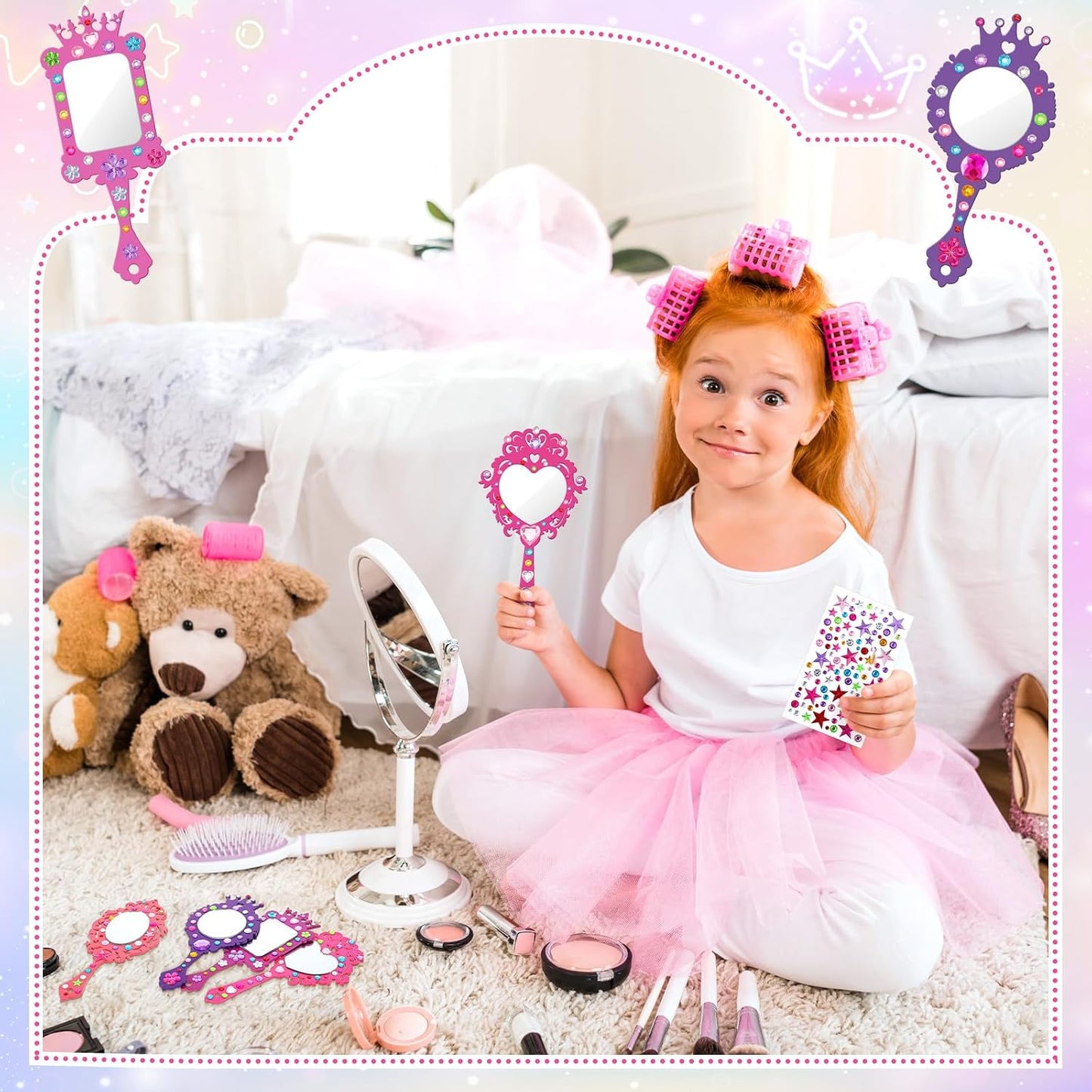 16 Sets Wooden Mirror Craft Kit, Girls DIY Princess Hand Mirror | Unbreakable Mirror for Kids, Princess Tea Party Gift, Back to School Supplies, Christmas Birthday Art Activities Favors
