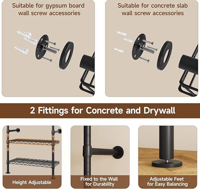ONBRILL H3 Wall Mounted Closet System, Expandable Industrial Pipe Clothes Rack - Image 7