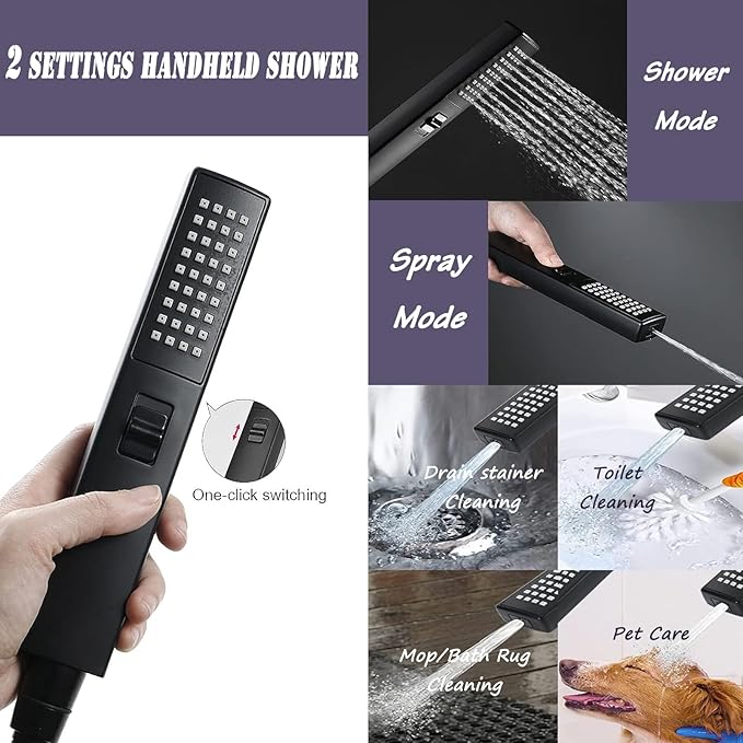 10" High Pressure Square Rainfall Shower Head and 2-in-1 Hand Shower, Rainfall - Image 2