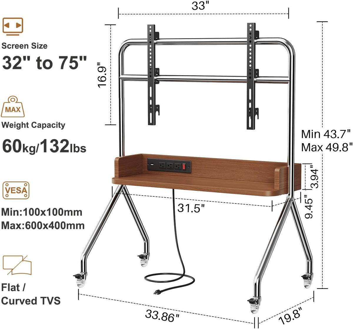 Rolling TV Stand with Power Outlet & Wooden Shelf,Stainless Steel Mobile ...