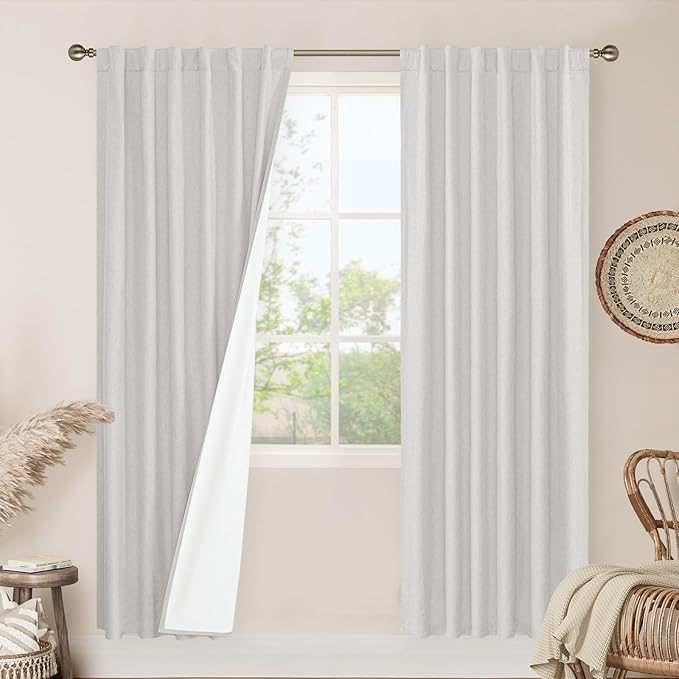 LAMIT 100% Blackout Natural Linen Curtains, 78 Inches Linen Textured Thermal by LAMIT