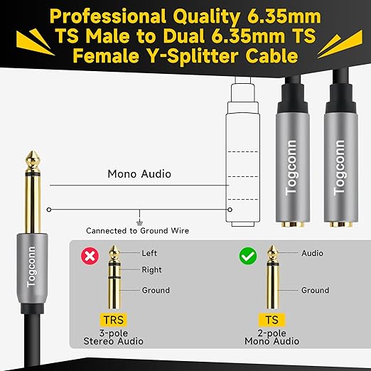 Togconn 1/4 inch TS Mono Splitter Y Adapter, 6.35mm Mono Male to Dual 6.35 mm - Image 3