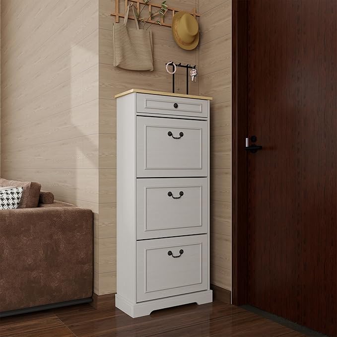 Shoe Storage Cabinet with 3 Flip Drawers&1 Drawer, Freestanding Shoe Cabinet - Image 3