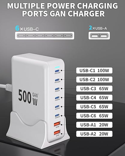 500W USB C Charger Block Charging Station, GaN3 8-Port Fast Charger Block - Image 3