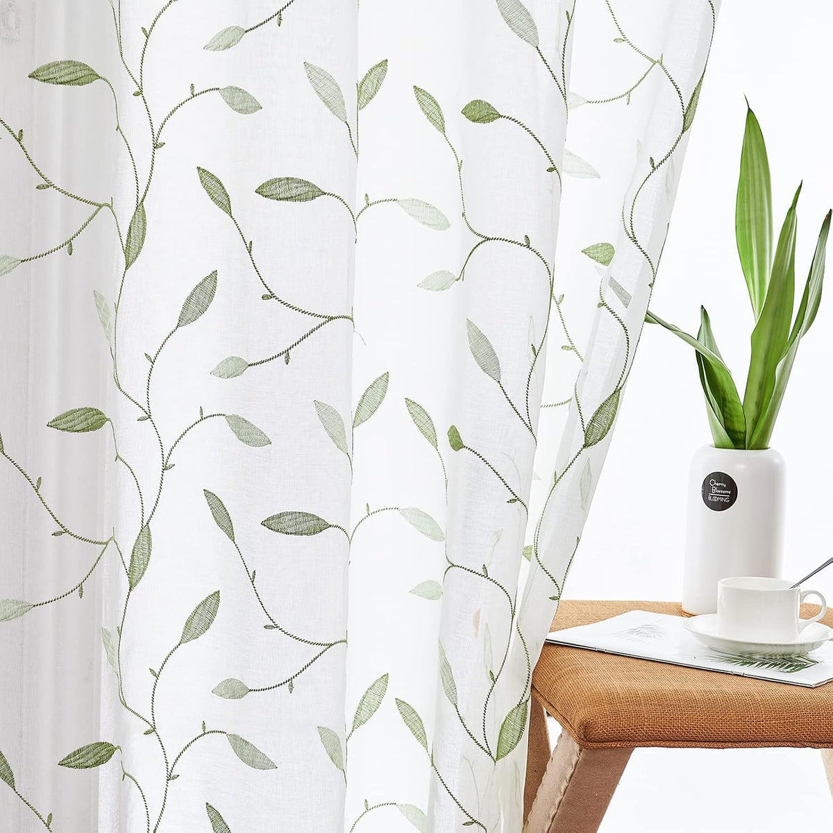 Embroidered Sheer Curtains Floral Leaf White Sheer Curtain for Bedroom Living Room Kitchen Rustic Voile Drapes Privacy Window Treatment Set of 2 Panels 96 Inches Long Grommet Top Green on White