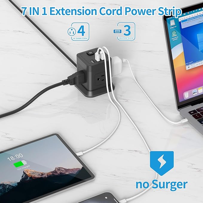 Extension Cord 15 ft, FDTEK Flat Plug Power Strip - Image 2