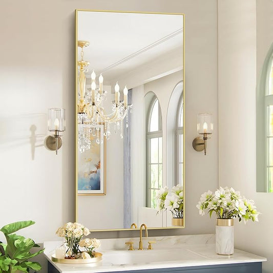 48x24In Gold Bathroom Mirror for Wall, Brushed Gold Rectangle Mirrors by Welcometocofeny