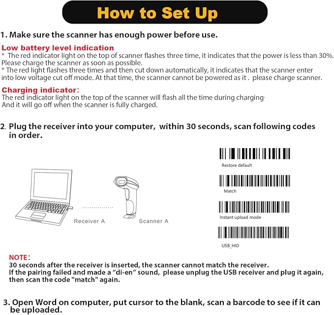 NADAMOO Wireless Barcode Scanner 328 Feet Transmission Distance USB Cordless 1D - Image 7