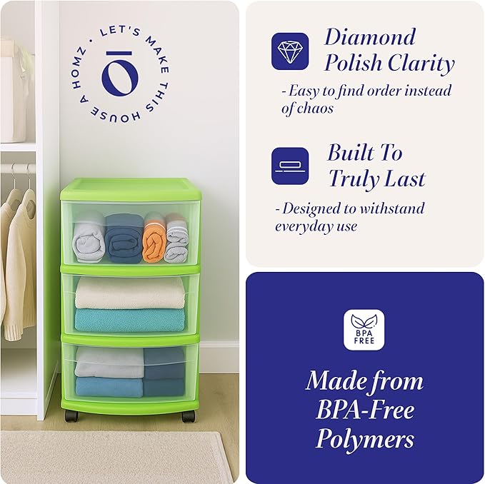 HOMZ 2-Pack Drawer Tower, 3-Tier Clear Plastic Storage Organizer Cart, Bold - Image 4