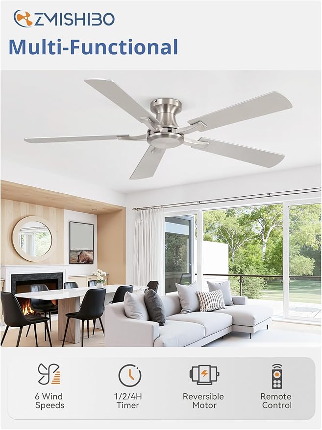 ZMISHIBO 52 Inch Ceiling Fan No Light, Flush Mount Low Profile, Modern Nickel - Image 2