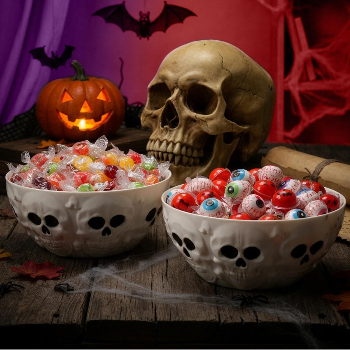 Wiwiqing 2 Pcs Halloween Candy Bowls Skeleton Skull Plastic Bowl Dish