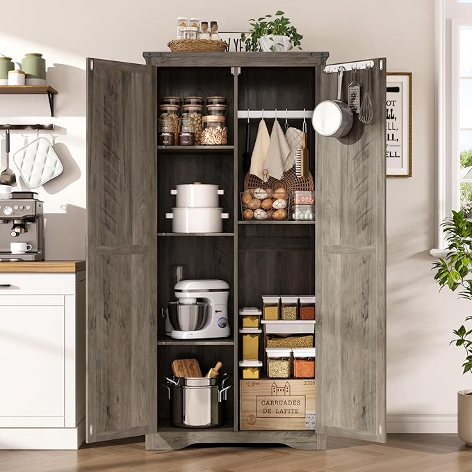 Tall Storage Cabinet with Adjustable Shelves, Farmhouse Pantry Organize with 2 - Image 5