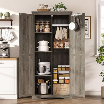 Tall Storage Cabinet with Adjustable Shelves, Farmhouse Pantry Organize with 2 - Image 5