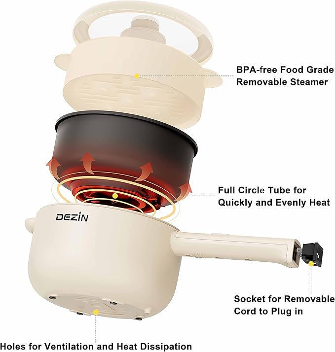 Dezin Electric Cooker, 2L Non-Stick Sauté Pan, Rapid Noodles Cooker, Mini Pot - Image 3
