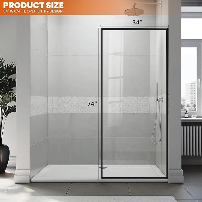 Shower Glass Door 34W*74H Inch, Bathroom Framed Fixed Shower Glass Panel - Image 2