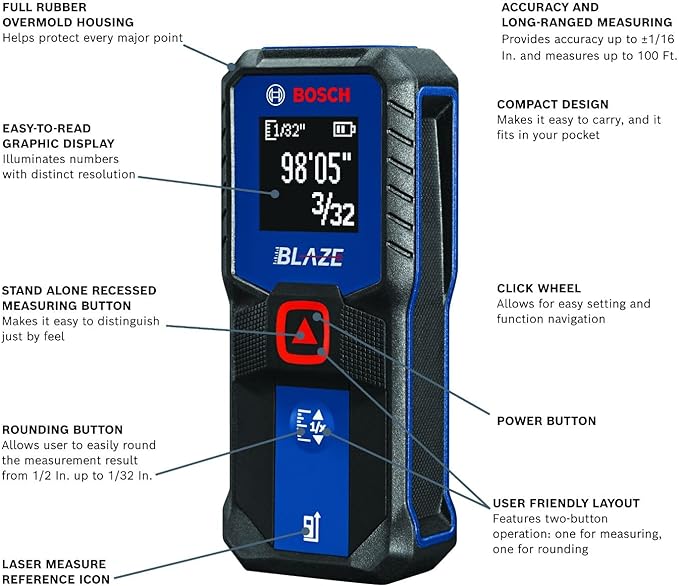 BOSCH GLM100-23 100 Ft Blaze Laser Distance Measure, Includes 2 AA Batteries - Image 2