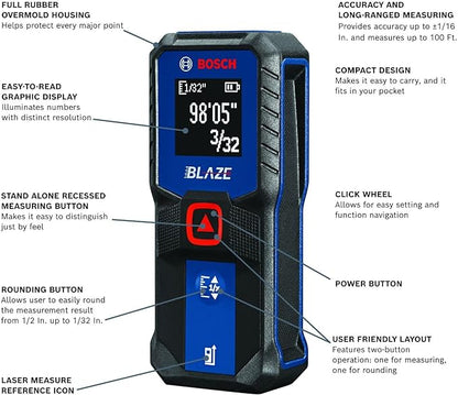 BOSCH GLM100-23 100 Ft Blaze Laser Distance Measure, Includes 2 AA Batteries - Image 2