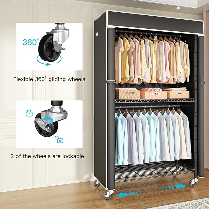 FUTASSI Clothing Rack with Cover, P1C Rolling Closets with Wheels, Metal - Image 2
