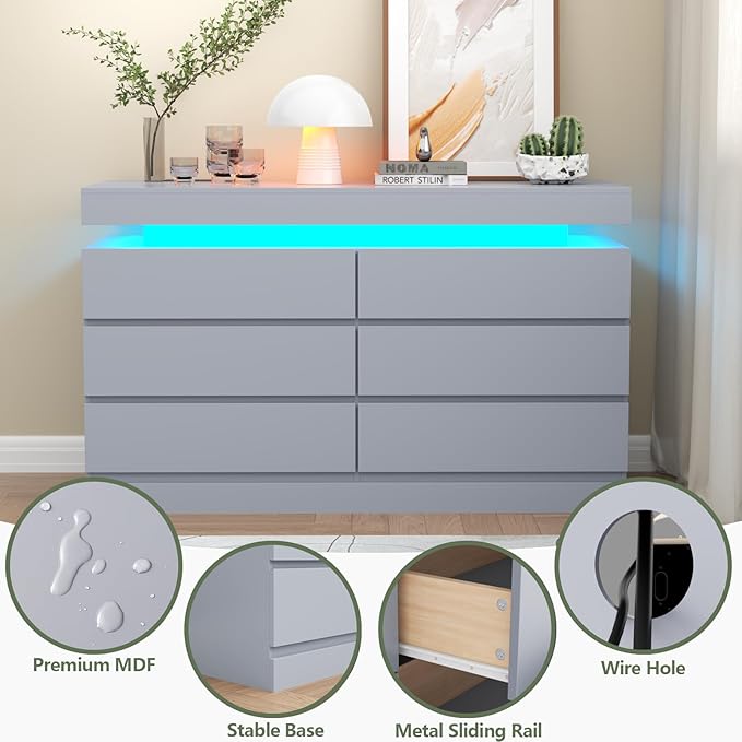 6 Drawer Dresser with Power Outlet, Dresser with LED Light, Modern Chest of - Image 6