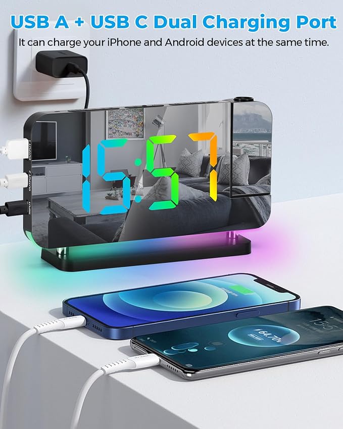 SZELAM Projection Alarm Clock, 7.4 in Digital Mirror Clocks, - Image 6