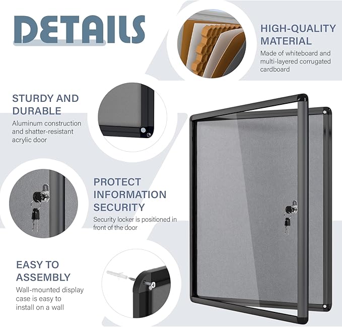 Enclosed Bulletin Board 24x18 in, Lockable Felt Board Bulletin Board - Image 3