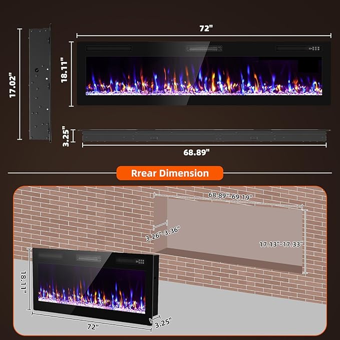 Narrow Bezel Electric Fireplace-72 inch Fireplace Wall Mount/Recessed-Ultra - Image 2