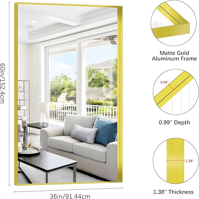 Gold Bathroom Mirror, 36x60 Inch Rectangular Deep Frame Mirror, Large Wall - Image 3