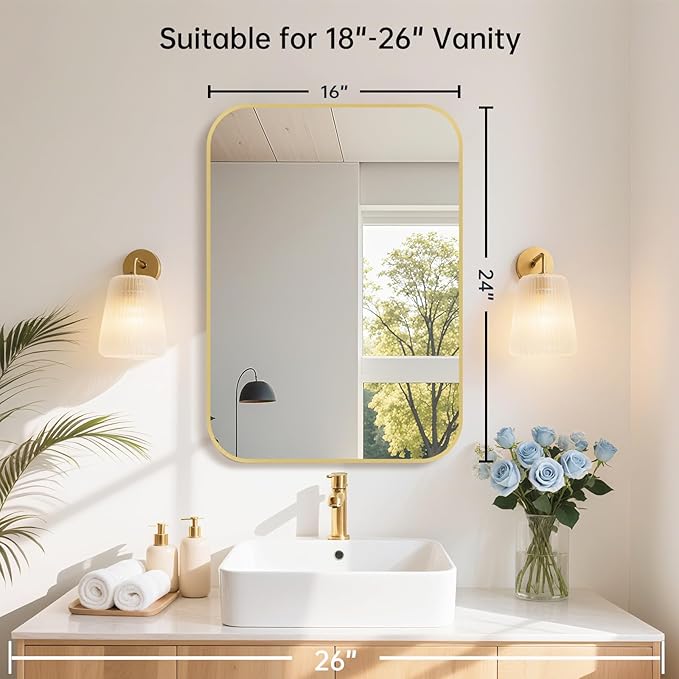 16x24 Inch Gold Bathroom Mirror, Brushed Brass Gold Metal Framed Rectangular - Image 7