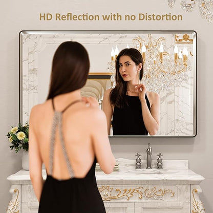 LOAAO 60X36 Inch Brushed Nickel Bathroom Mirror, Rounded Rectangle Silver Metal - Image 2