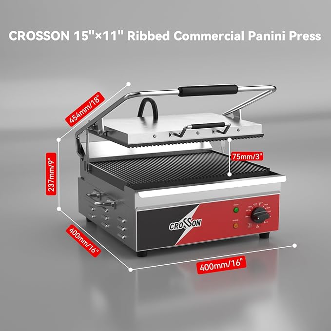 CROSSON 15"×11" Ribbed ETL Listed Commercial Electric Panini Grill, Hinged Auto - Image 5