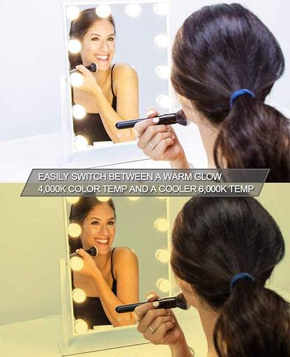 Waneway Lighted Dresser Mount Vanity Mirror with 12 x 3W Dimmable LED Bulbs and Touch Control Design, Hollywood Style Makeup Cosmetic Mirrors with Lights, White