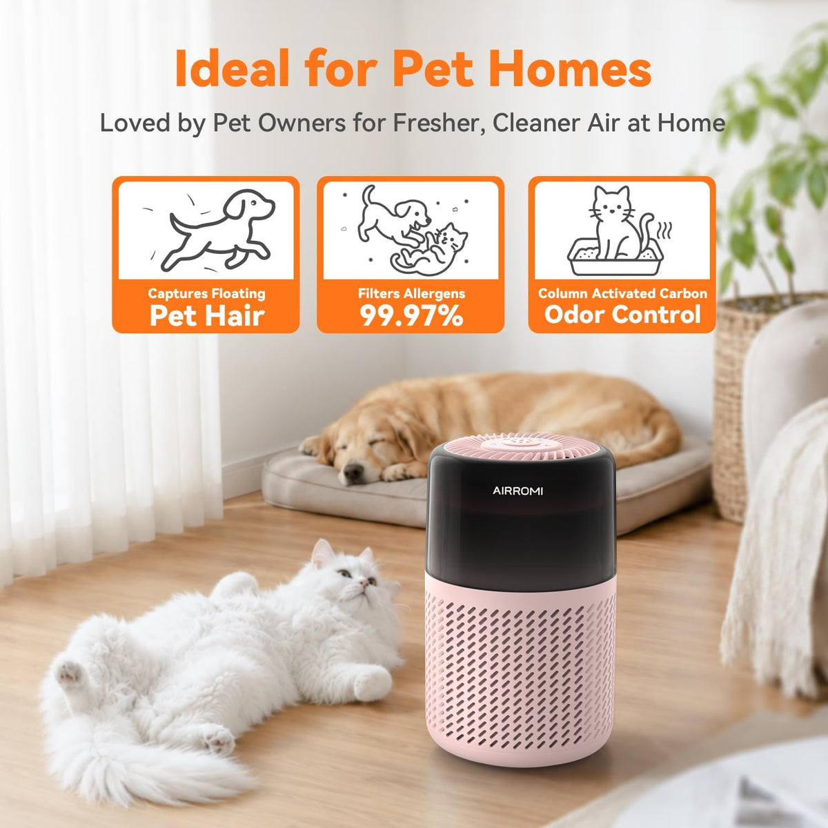 airromi hepa air purifier for bedroom&home,pet air purifier, side view