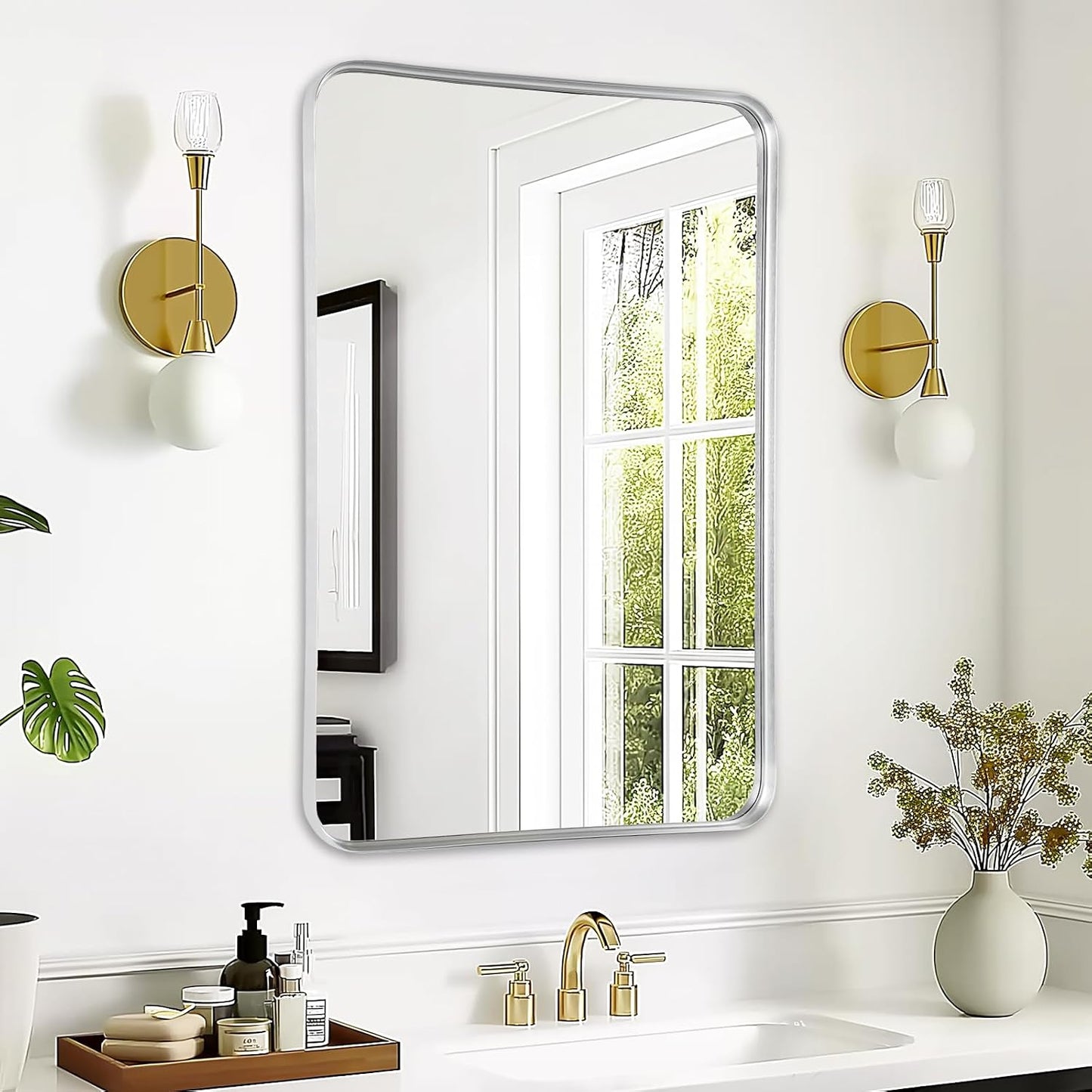 Bathroom Vanity Mirror Over Sink 24x36, Silver Wall Brushed Nickel Mirror | Rosynee Matte Metal Chrome Framed Rectangle Large Mirror for Restroom, Bedroom, Entryway Decor, Wall Mounted