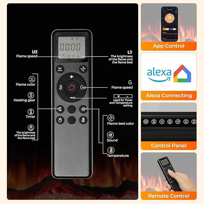 R.W.FLAME 50" Recessed and Wall Mounted Smart Electric Fireplace, Alexa/WiFi - Image 4