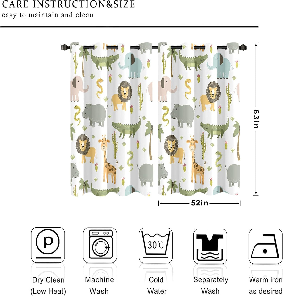 MESHELLY Baby Safari Animals Blackout Curtains 52Wx63H Inch for Boy Bedroom Grommet Pair Kids Woodland Jungle Lion Elephant Art Printed Curtains for Nursery Living Room Window Treatment Fabric