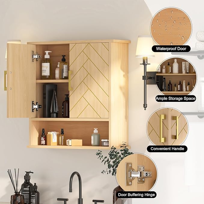 Natural Chevron Pattern Bathroom Wall Mount Cabinet, Over The Toilet Storage - Image 3