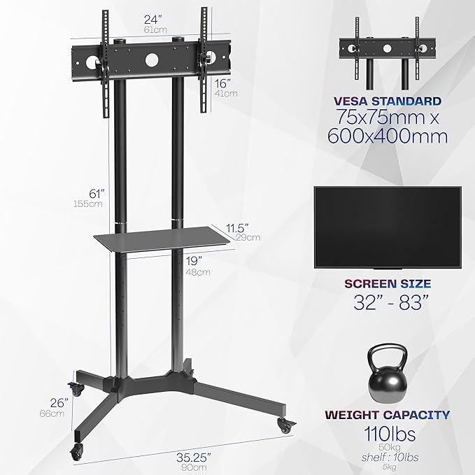 VIVO Mobile TV Cart for 32 to 83 inch Screens up to 110 lbs, LCD LED OLED 4K - Image 6
