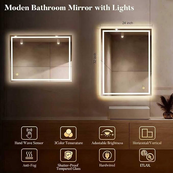 LED Bathroom Mirror with Lights, Hand Wave, Tempered Glass, Shatter-Proof - Image 2