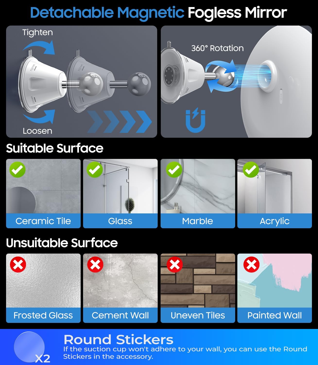 Gospire Upgraded Heated Shower Mirror Fogless for Shaving, 5000mAh Battery | 360° Swivel & Magnetic Design, 8.3” Anti-Fog Shower Shaving Mirror with 3 Color Lights, No Drilling, With 2PCS Adhesive Hooks