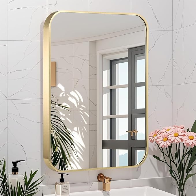 48x30 Inch Gold Bathroom Mirror, Brushed Gold Metal Framed Rectangular Mirror - Image 8