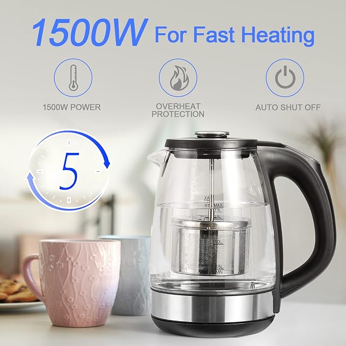 ShanSon Electric Kettle with Tea Infuser 1.7L Temperature Control Glass - Image 6