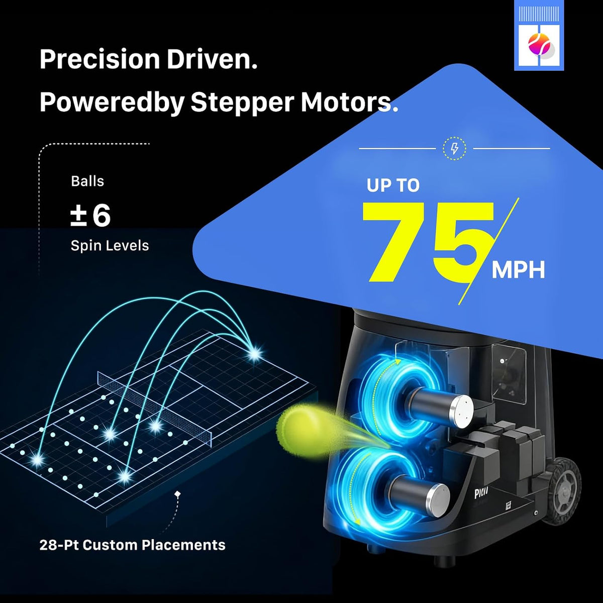 pusun｜pt-smart tennis ball machine: app control with 12, close-up detail