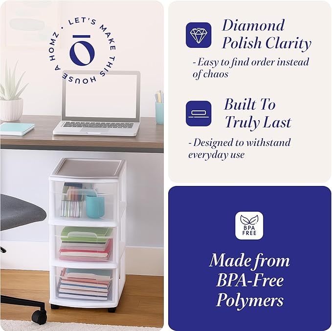 HOMZ 2-Pack Drawer Tower, 3-Tier Clear Plastic Storage Organizer Cart, and - Image 5